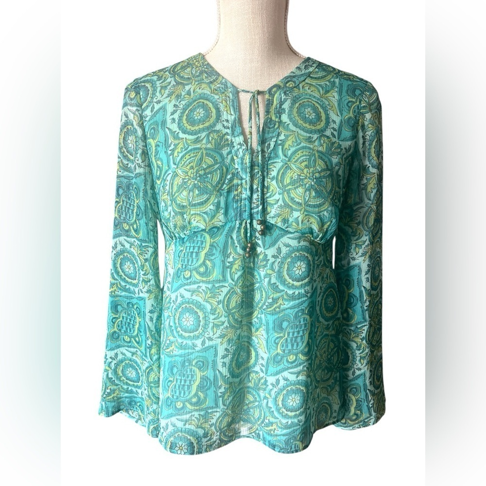 LOFT Aqua and Gold Patterned Blouse